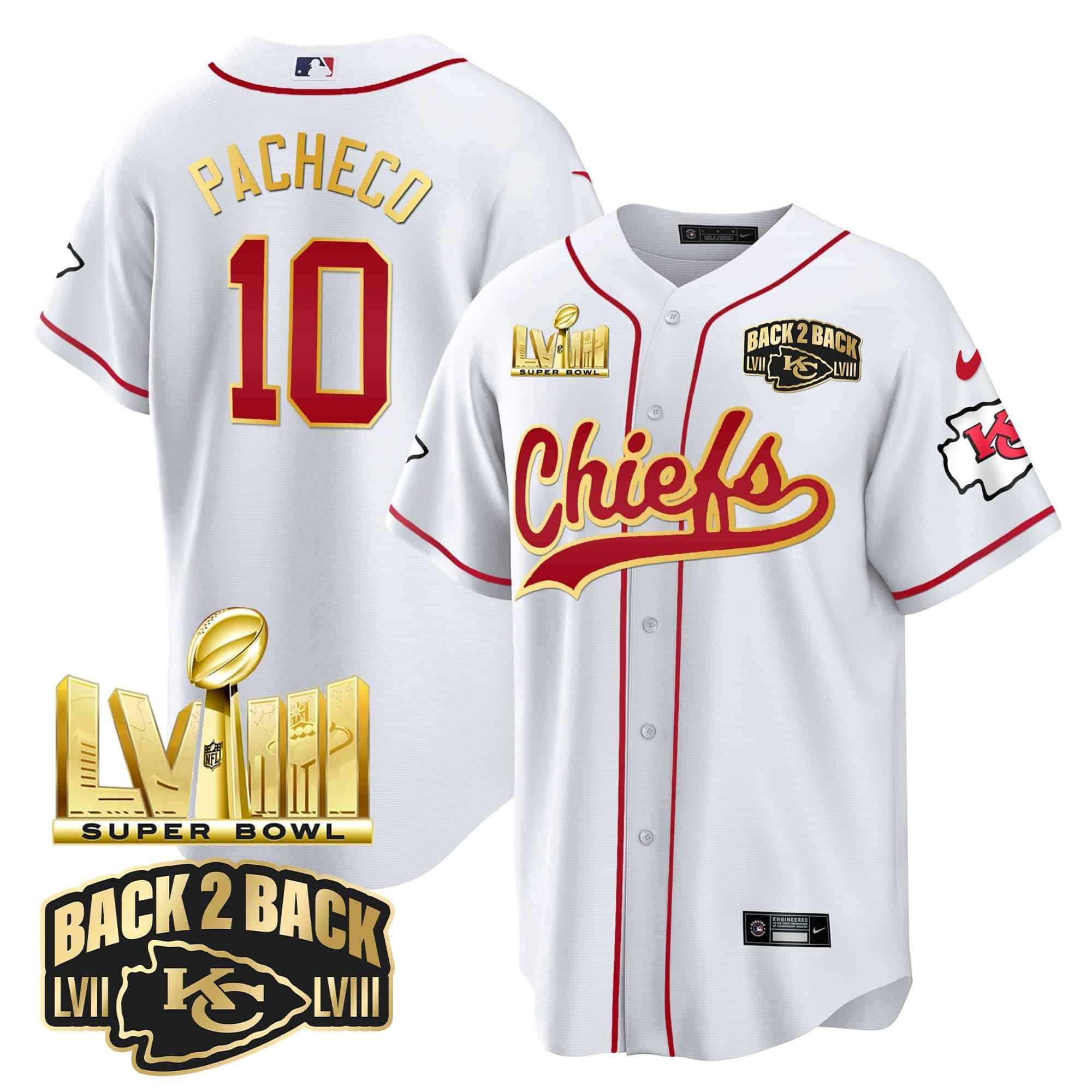 Men Kansas City Chiefs #10 Pacheco White 2024 Nike Super Bowl LVIII Back-2-Back Gold Patch Baseball NFL Jersey